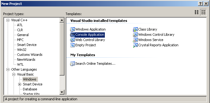 Creating a new Visual Basic (.NET) project for Windows using Visual Studio  2005