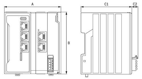 Maßzeichnung der modularen Industiesteuerung ctrlX COREplus (COREX-M-X3) mit der Option weitere ctrlX I/O-Module anzureihen