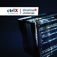 Blau gefärbtes Bild mit ctrlX CORE, der industrietaugliche Steuerungshardware für CNC, PLC und Motion-Anwendungen, oben links ist der ctrlX devolopR Challenge Schriftzug zu lesen