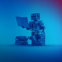 Blue colored image, a humanoid robot sits on a stack of books and reads a book