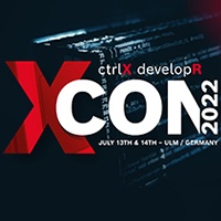 Blau gefärbtes Bild mit ctrlX CORE, der industrietauglichen Steuerungshardware für CNC, PLC und Motion-Anwendungen, mittig ist der ctrlX devolopR XCON 2022 Schriftzug zu lesen
