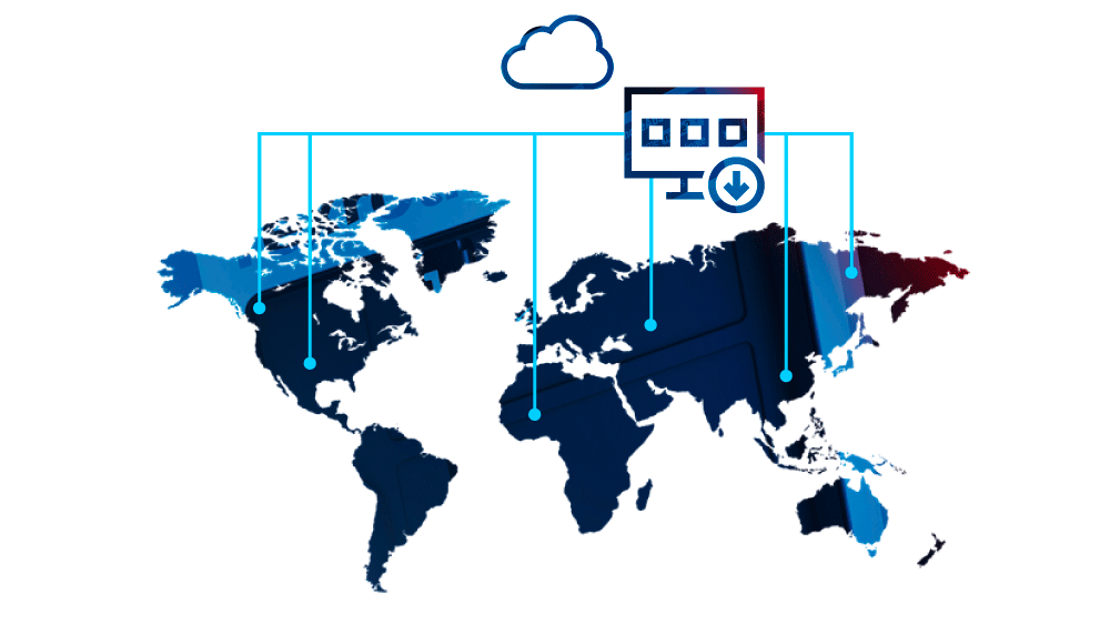 Representation of a world map. The continents are connected to the cloud-based ctrlX Device Portal via indicated lines.