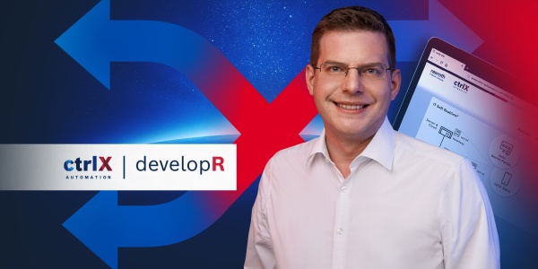 Portret ctrlX developR na kolorowym tle z ikoną "ctrlX AUTOMATION Icon".