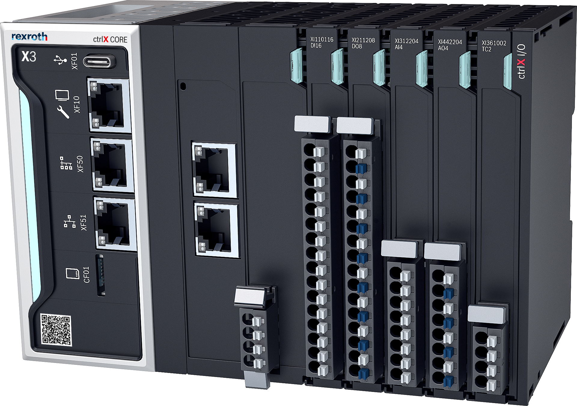 Zdjęcie sterownika przemysłowego ctrlX CORE z elementami ctrlX I/O w rzędzie