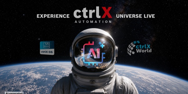 Das Bild zeigt einen Astronauten auf dem Mond. Auf seinem Helm ist ein Schriftzug mit AI aufgedruckt. Im Weltall hinter dem Astronauten sind das App Icon ctrlX OS sowie das Logo ctrlX World zu sehen. (Bild: KI-generiert)