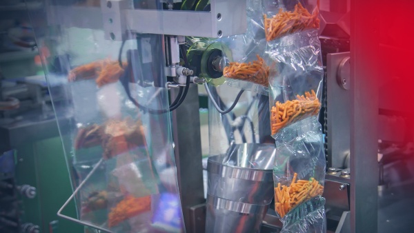 Bild zeigt eine vertikale Verpackungsmaschine im Einsatz.