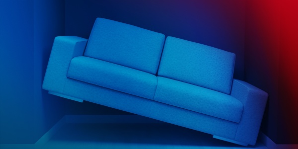 Sofa stojąca w poprzek wnęki, ponieważ jest za duża do pomieszczenia.