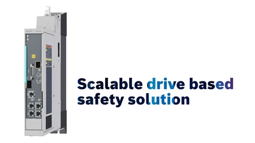 Picture shows a ctrlX DRIVE XCS servo drive with the SafeMotion safety option, as well as the text "Scalable drive based safety solution".