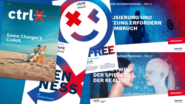 Bild zeigt verschiedene Cover von Magazinen und Whitepapern zu ctrlX AUTOMATION
