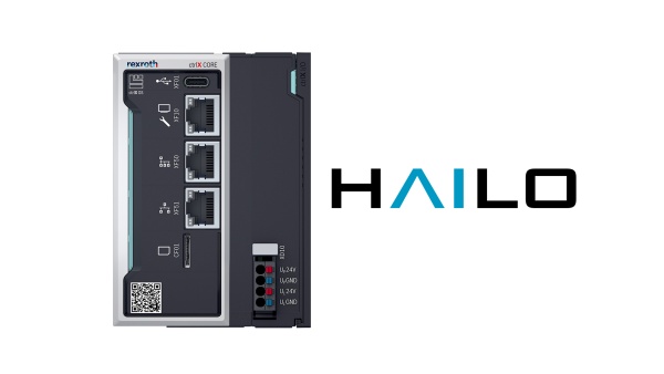 The image shows the ctrlX COREplus X3 with Hailo 8 AI chip. The HAILO logo is located next to the product.