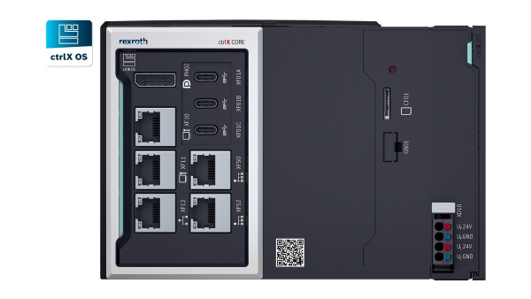 This image displays the control platform ctrlX CORE. Alongside it is the app icon for ctrlX OS, the Linux-based operating system that runs on the control.