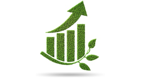 Bild zeigt eine aufsteigendes, grünes Balkendiagramm mit positivem Trendpfeil, das die Vorteil der Bosch Rexroth Nachhaltigkeitsmaßnahmen symbolisiert.