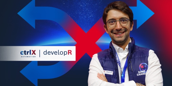 Portret ctrlX developR na kolorowym tle z ikoną "ctrlX AUTOMATION Icon".