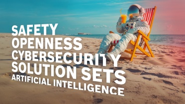 picture shows an astronaut sitting on the beach in a deck chair and drinking a cocktail. The following trend topics can be seen in the form of lettering in the picture: SAFETY, OPENNESS, CYBERSECURITY, SOLUTION SETS, ARTIFICIAL INTELLIGENCE.