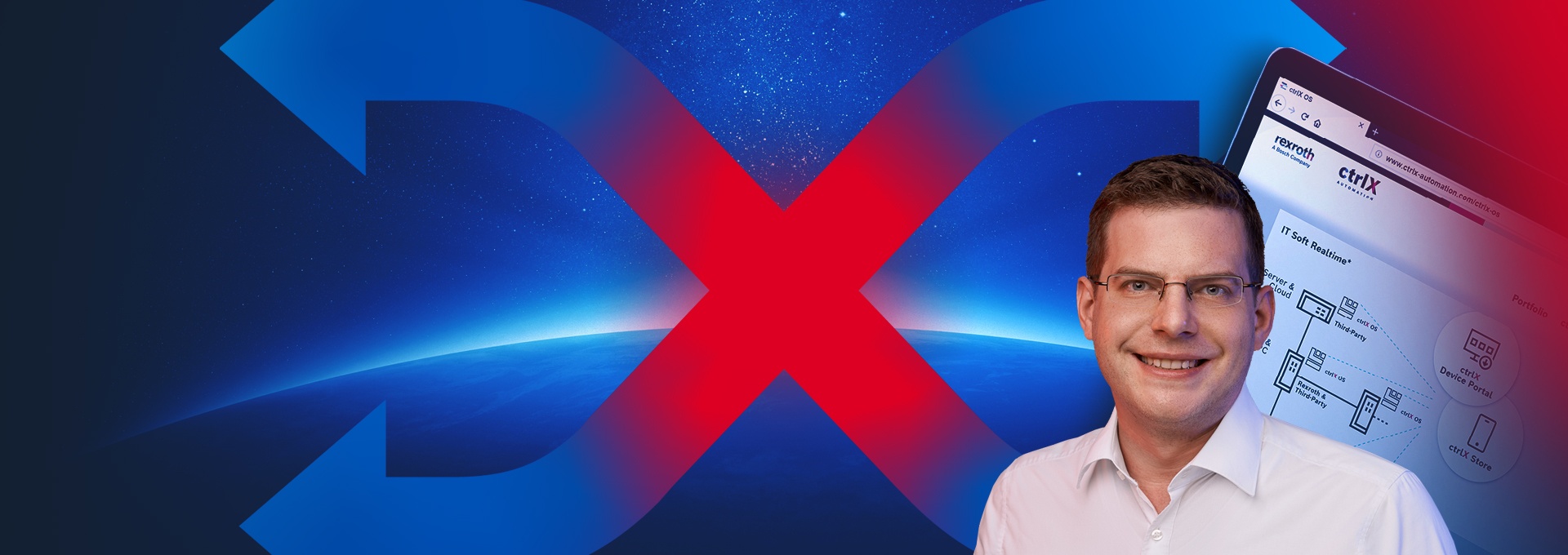 Portret ctrlX developR na kolorowym tle z ikoną "ctrlX AUTOMATION Icon".