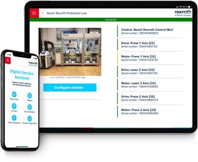 Bild eines Tablets und Mobiltelefons, auf deren Bildschirm die ctrlX Digital Service Assistant App zu sehen ist