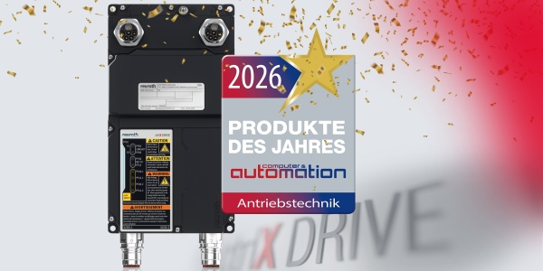 Bild zeigt den ctrlX DRIVE cabinet-free mit Auszeichnung als „Produkt des Jahres 2026“
