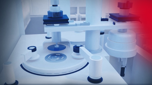 Das Bild zeigt den Prozess des Wafer Handlings im Bereich Semiconductor. Die Darstellung ist gerendert und mit einem Farbfilter von blau zu rot versehen.