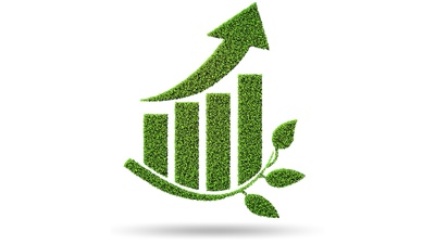 Obraz przedstawia rosnący zielony wykres słupkowy ze strzałką pozytywnego trendu, symbolizujący korzyści z działań firmy Bosch Rexroth w zakresie zrównoważonego rozwoju.