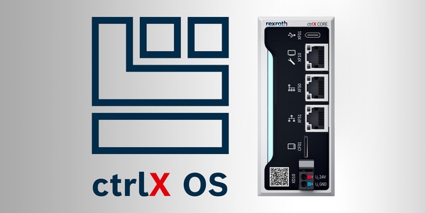 Schmuckbild zeigt die Industriesteuerung ctrlX CORE in Kombination mit dem Symbol für das industrielle, Linux-basierte Betriebssystem ctrlX OS