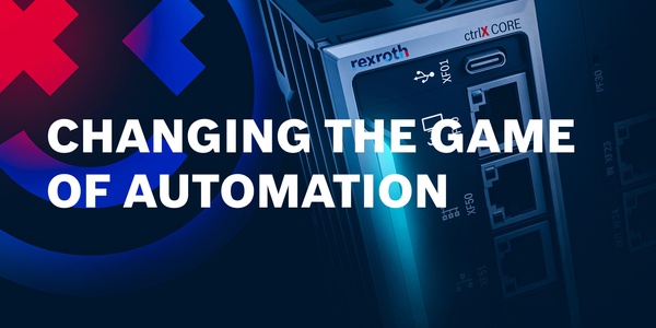 ctrlX AUTOMATION Keyvisuls mit dem Game Changer Smiley und der ctrlX CORE Industriesteuerung, Beschriftung: Changing the Game of Automation