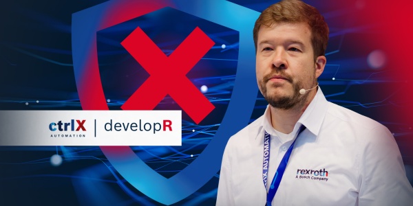 Portret ctrlX developR na kolorowym tle z ikoną "ctrlX AUTOMATION Icon".