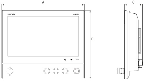 Rysunek wymiarowy wyświetlacza ctrlX HMI Display DE do montażu na ramieniu nośnym