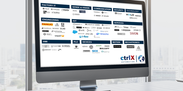 Image of a computer monitor showing an overview of ctrlX World partners.