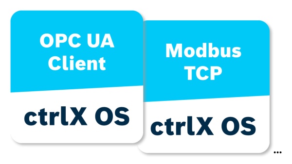 The image shows the two app icons for OPC UA Client and Modbus TCP. The dots indicate that additional apps can be used.