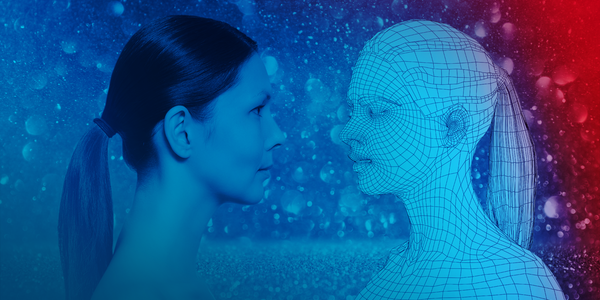Image of a woman looking at her virtualized self.