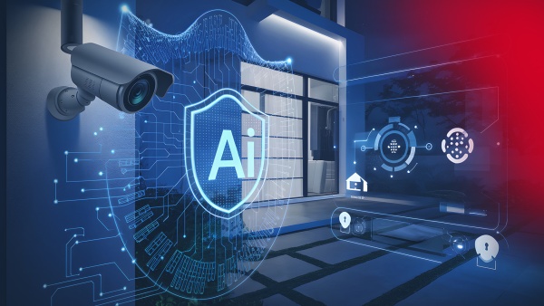 The image shows a camera monitoring something. In the background is a protec-tive shield with the word “AI” on it.