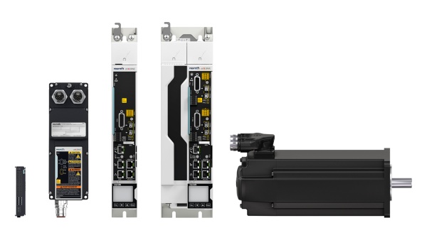Shown are various products from the ctrlX DRIVE family: a servo terminal for the ex-tra-low voltage range, cabinet-free servo drive technology, a modular servo drive, and a servo motor.
