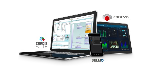 Cyfrowe terminale, na których ekranach można zobaczyć aplikacje partnerów ctrlX World: Cordis Suite, Selmo i Codesys.