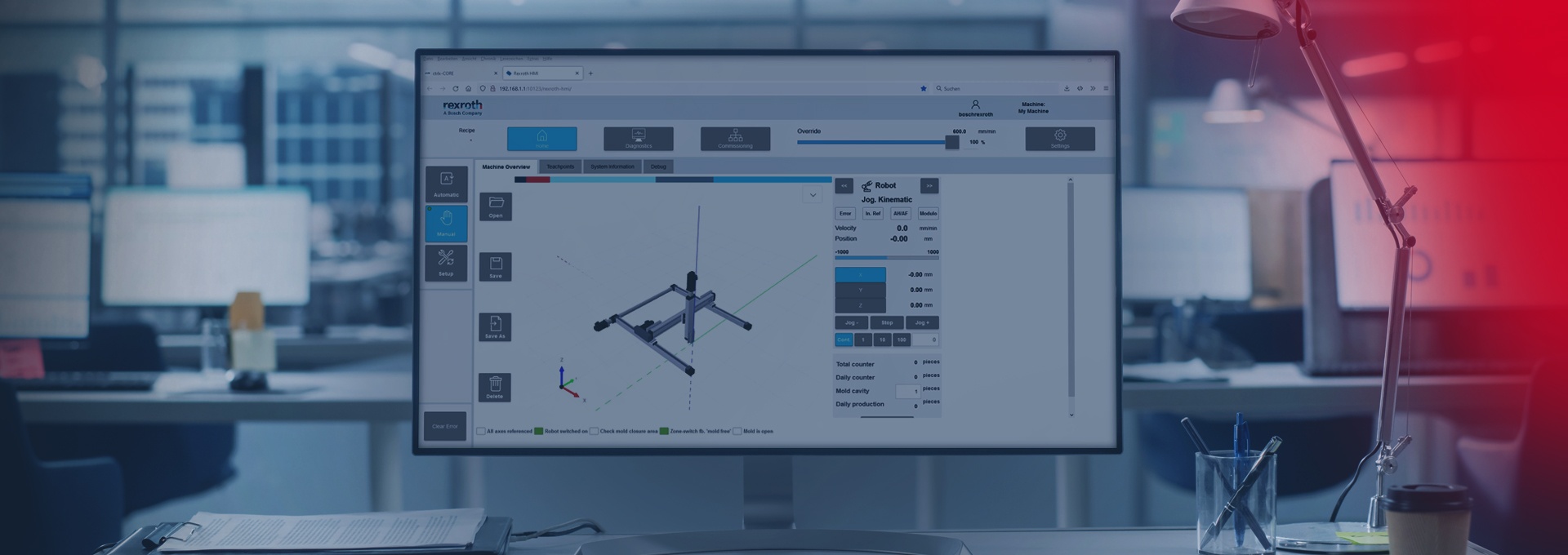 Shows Monitor with programming of modern HMI design. This is possible with WebIQ, the HMI and SCADA solution from Smart HMI.