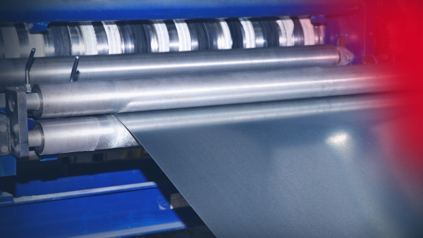 The image shows sheet metal processing on a coil processing line.