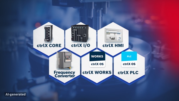 The picture shows a real factory environment. Hexagonal honeycombs are depicted. Within these honeycombs, the solution components of the solution set smart centri-fuge are illustrated. This is achieved through a combination of product images, app icons, a