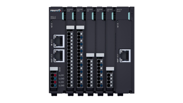 The image shows various ctrlX I/O modules connected to a bus coupler.