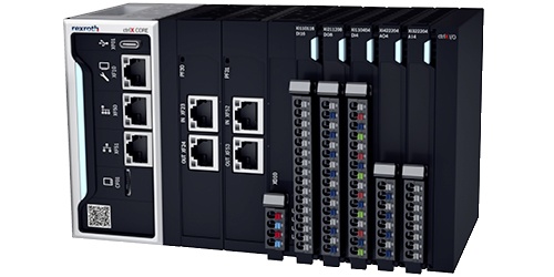 Zdjęcie sterownika przemysłowego ctrlX CORE w wersji modułowej X3 (COREX-M-X3), z szeregowo połączonymi modułami I/O ctrlX