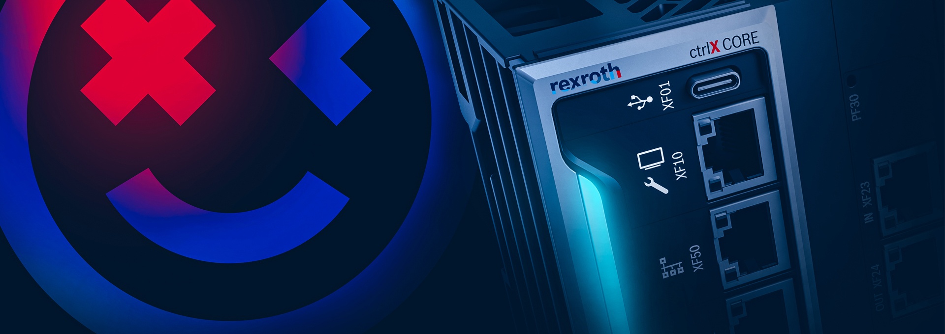 ctrlX AUTOMATION Keyvisuls z Game Changer Smiley i kontrolerem przemysłowym ctrlX CORE