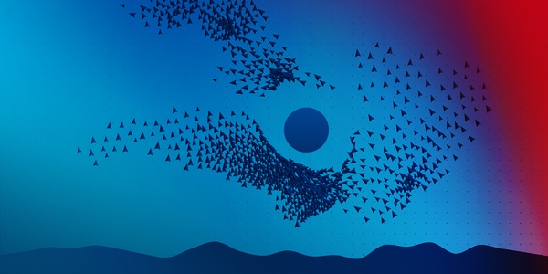 Symboliczne stado ptaków krążących wokół słońca na niebie. Ptaki są reprezentowane przez trójkąty.