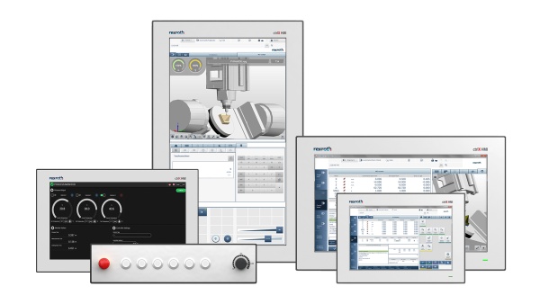 The image shows various ctrlX HMI devices, such as displays, web panels, housed panel PCs, and other devices from the ctrlX HMI portfolio.