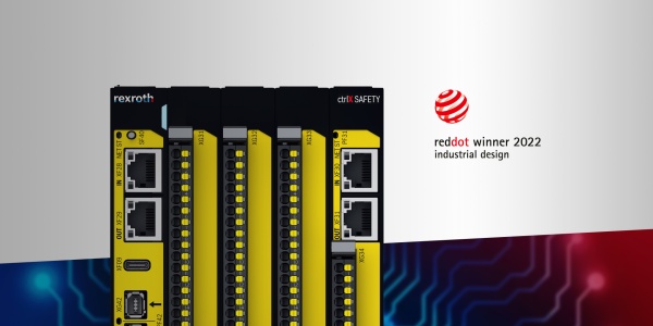 Zdjęcie sterownika bezpieczeństwa ctrlX SAFETY w wersji SAFEX-C-15 do montażu w szafie sterowniczej. Do tego logo "reddot winner 2022".