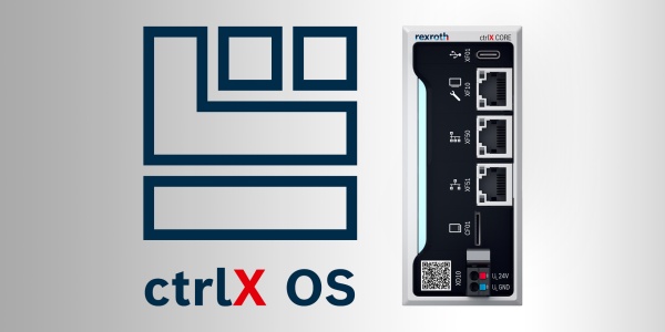 Obrazek dekoracyjny przedstawia sterownik przemysłowy ctrlX CORE w połączeniu z symbolem przemysłowego, opartego na systemie Linux systemu operacyjnego ctrlX OS