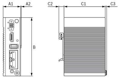 Dimensioned drawing of the industrial PC ctrlX IPC (PR2) for control cabinet installation