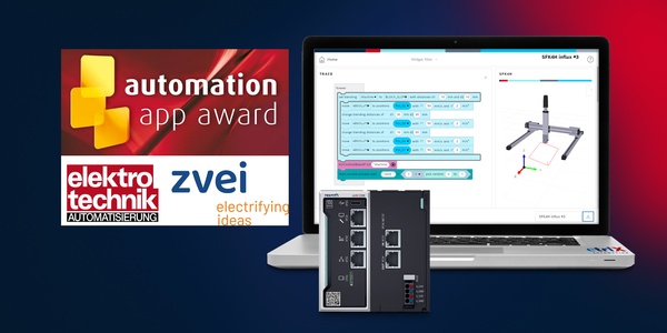 Laptop mit der ctrlX AUTOMATION IDE App die für den automation app award nominiert ist und eine ctrlX CORE Steuerung