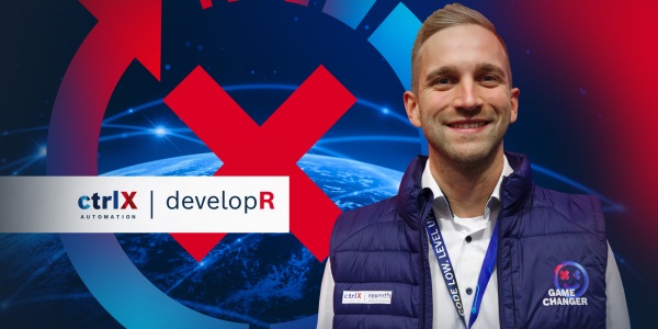Portret ctrlX developR na kolorowym tle z ikoną "ctrlX AUTOMATION Icon".