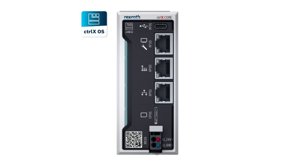 The image shows the control system ctrlX CORE. Next to the product is the app icon for ctrlX OS, the Linux-based operating system that runs on the controller.