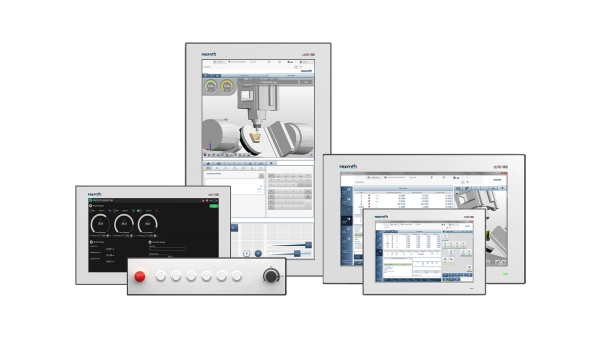 Group picture of the ctrlX HMI product portfolio consisting of panel PCs, web panels, displays, machine operator panels.