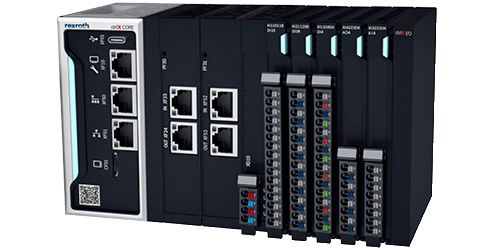 Picture of the industrial controller ctrlX CORE in the modular version X3 (COREX-M-X3), with ctrlX I/O modules in series