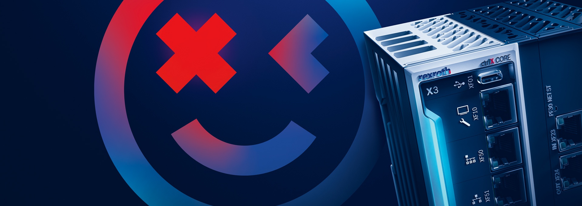 ctrlX AUTOMATION Keyvisuls mit dem Game Changer Smiley und der ctrlX CORE Industriesteuerung